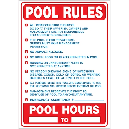 Hy-Ko Pool Rules (California) Sign 20" x 28", 5PK A20411